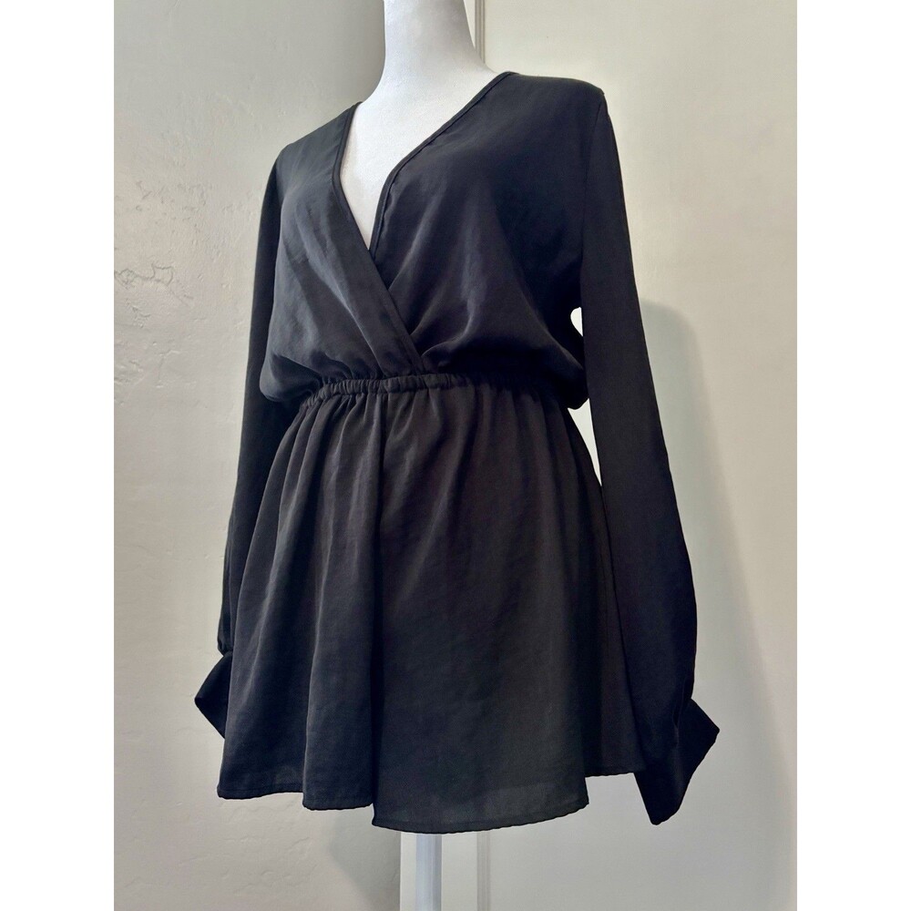 Audrey 3+1 Black Satin Surplice Romper Long Sleeve Faux Wrap Elastic Waist Small